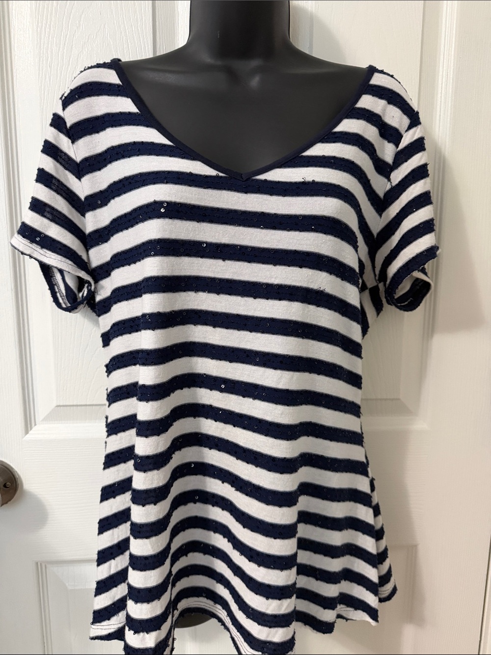 Dress Barn Navy and White Striped V-Neck Short Sleeve Top with sequins